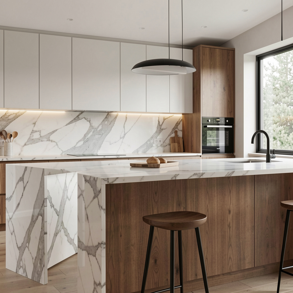 Moderne kjøkken med marmor og eik